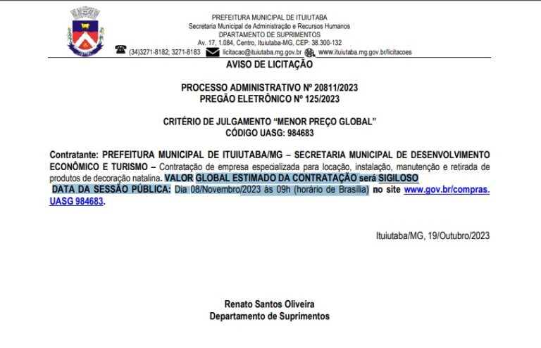 Valor “sigiloso” em edital para licitação de decoração natalina gera polêmica em Ituiutaba, veja
