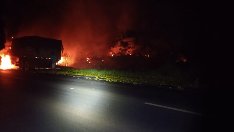 Carreta carregada com laranjas pega fogo na MGC-497, em Prata (MG)