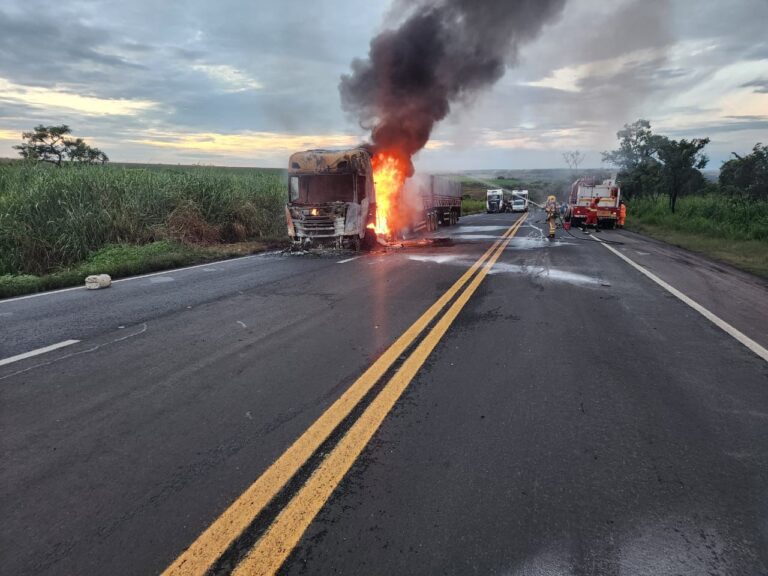 Carreta pega fogo na BR-153, entre o Trevão e cidade de Prata (MG)