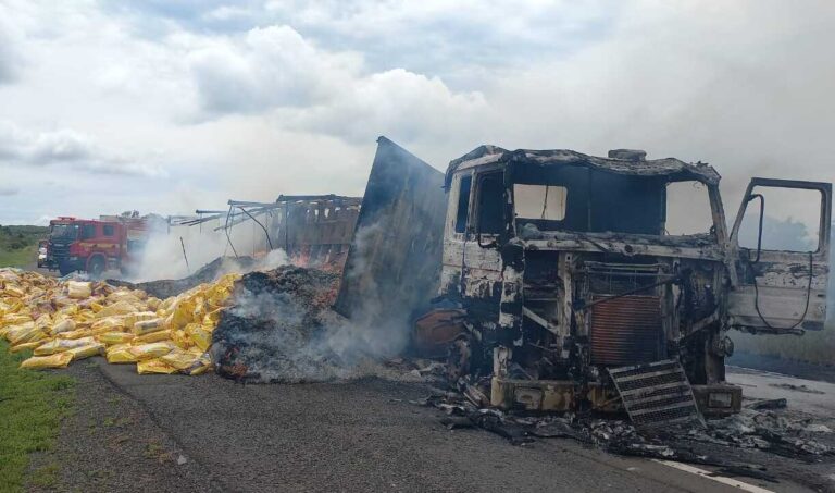 Bombeiros combatem incêndio em carreta na BR-364, próximo ao trevo de acesso de Gurinhatã