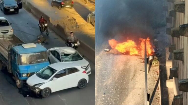 Engavetamento com quatro veículos deixa motociclista ferido e provoca incêndio em moto na BR-365, em Uberlândia