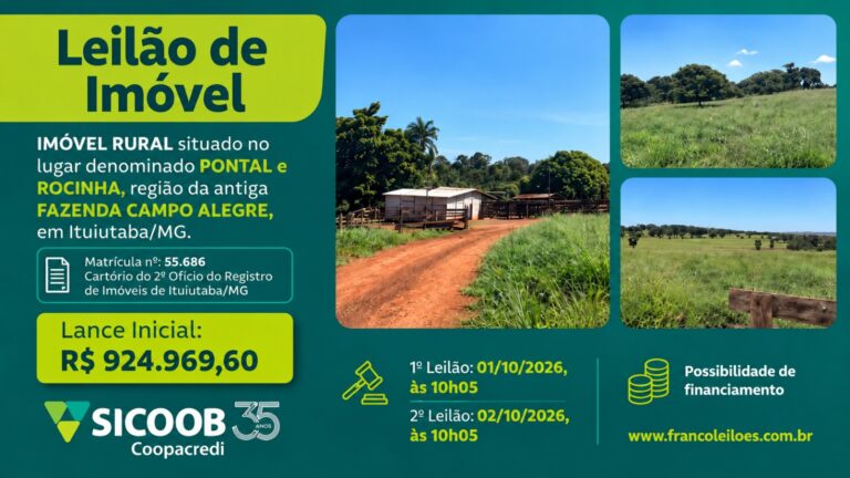 Fazenda em Ituiutaba vai a leilão por valor inicial de R$ 924 mil